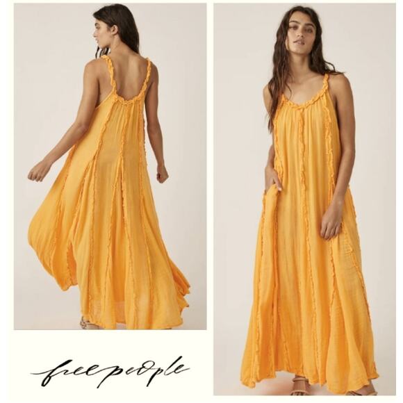 Free People Dresses & Skirts - Free People McKinley Gauze Ruffle Flowy Maxi Dress Banana Yellow Women's  L NWT